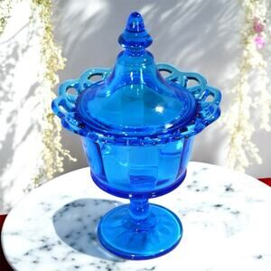 Vintage Blue Imperial Glass Laced-Edge Footed Compote Candy Dish With Lid-10”